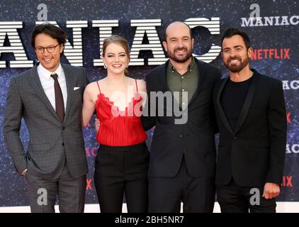 Cary Fukunaga, Emma Stone, Patrick Somerville e Justin Theroux partecipano alla prima "Maniac" a southbank il 13 settembre 2018 a Londra, Regno Unito. Foto Stock