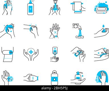 sapone e l'icona di igiene delle mani su bianco panettino, metà colore stile linea, illustrazione vettoriale Illustrazione Vettoriale