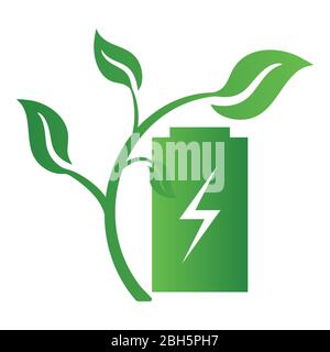 Concetto di ecologia con l'icona della batteria e le foglie. Simbolo icona risparmio energia. Logo Recycle. Illustrazione vettoriale per qualsiasi progetto. Illustrazione Vettoriale