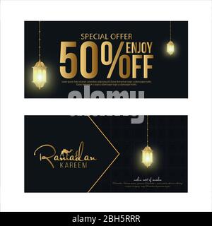 Ramadan Kareem set di banner o poster o inviti design. Poster di vendita dell'offerta speciale, Illustrazione Vettoriale