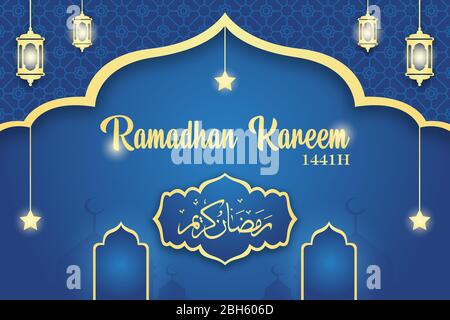 Ramadan Kareem vettore, illustrazione di lanterna araba e calligrafia araba gialla ramadan kareem, su blu gradiente backgroud e modello islamico. Illustrazione Vettoriale