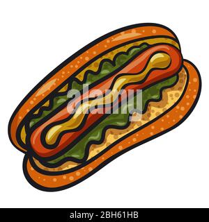 Hot Dog con lattuga e senape su sfondo bianco Illustrazione Vettoriale