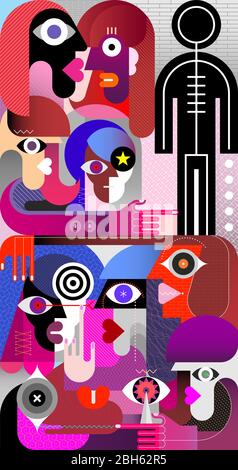 Un grande gruppo di persone e un pittogramma nero. Illustrazione vettoriale moderna astratta. Illustrazione Vettoriale