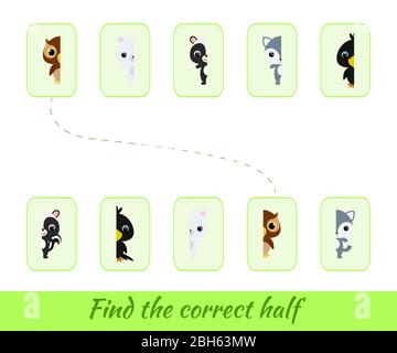 Clip card modello di gioco trovare le metà corrette. Partita di corrispondenza per bambini. Attività educativa per bambini e bambini in età prescolare Illustrazione Vettoriale