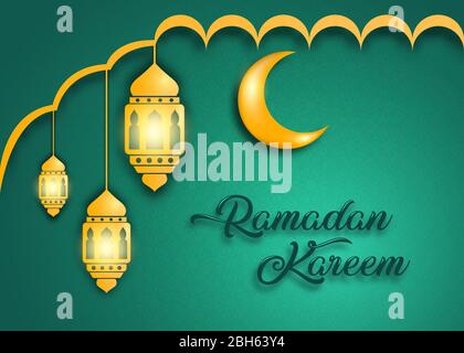 Ramadan kareem vettore 2020, illustrazione di tre lanterne gialle e una luna gialla, su sfondo verde con sfumature e motivi Illustrazione Vettoriale