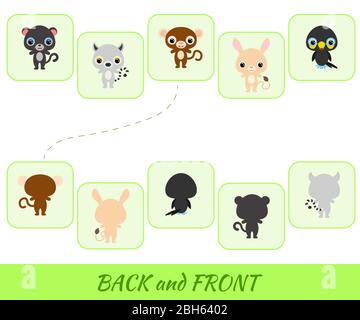 Partita didattica per bambini. Trova gli animali cartoni animati sul retro e sul davanti. Attività educativa per bambini e bambini in età prescolare Illustrazione Vettoriale