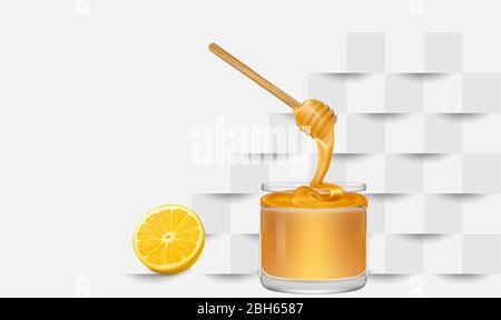 miele di limone in un vaso su sfondo tagliato di carta Illustrazione Vettoriale