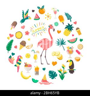 Composizione estiva con cibo, bevande, foglie di palma, frutta e fenicottero. Poster estivo luminoso. Raccolta di elementi per scrapbooking per spiaggia p Illustrazione Vettoriale