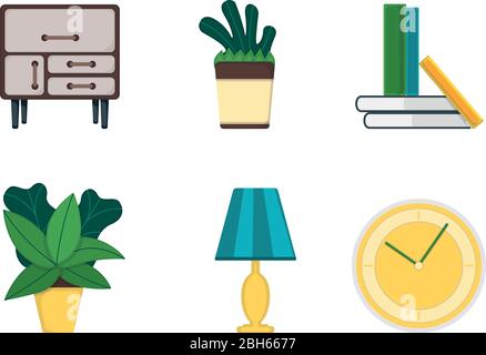 Oggetto intimo roba interno icona, libro, foglia verde pentola, comodino e lampada isolato su bianco, set di illustrazione vettoriale piatto. Decorazione interna della casa Illustrazione Vettoriale