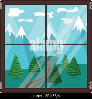 Concept estate finestra vista paesaggio, verde erba foresta valle e catena montuosa isolato su bianco, piatto illustrazione vettoriale. Design degli interni moderno Illustrazione Vettoriale