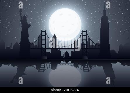 Silhouette scena wtih New York di notte illustrazione Illustrazione Vettoriale