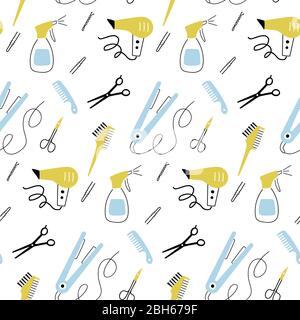 Pattern Vector senza cuciture con simboli disegnati a mano del parrucchiere. Modello sul tema della bellezza e della moda. Illustrazione Vettoriale