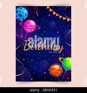Buon compleanno. Spazio e universo sfondo con realistiche serpentine dorate e pianeti carini. Disegno tipografico per biglietto di auguri, poster o banner Illustrazione Vettoriale