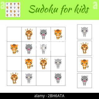 Sudoku gioco per bambini con foto. Foglio attività bambini. Gioco educativo per bambini e bambini in età prescolare. Set di simpatici animali da cartoni animati. Illustrazione Vettoriale