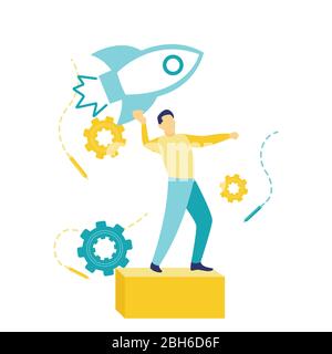 Illustrazione vettoriale piatta di un concetto di business, uomo d'affari giovane fiducioso in tuta in piedi su scatola gialla e lancio di un grande razzo disegnato Illustrazione Vettoriale