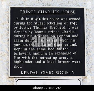 Targa descrittiva. "Casa del Principe Charlie". Stricklandgate, Kendal, Cumbria, Inghilterra, Regno Unito, Europa. Foto Stock