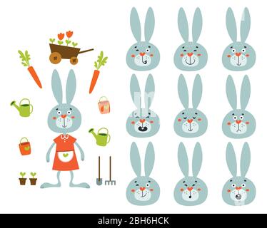 Set di simpatici cartoni animati coniglio con varie emozioni. Illustrazione Vettoriale