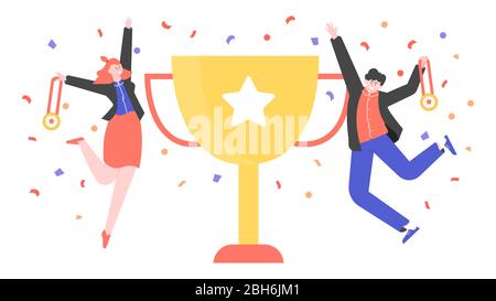 Un uomo e una donna saltano accanto alla coppa d'oro. Illustrazione Vettoriale