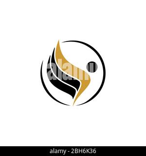 Logo Flying Human, design creativo ed elegante, logo per il massaggio del corpo, design delle palme sul cerchio, illustrazione del logo del massaggio. Illustrazione Vettoriale