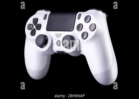 Bianco video gioco joystick gamepad isolato su uno sfondo nero con percorso di ritaglio Foto Stock