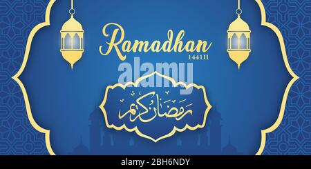 Ramadan kareem vettore, illustrazione di lanterna araba e calligrafia araba gialla ramadan kareem, su blu gradiente backgroud e modello islamico. Illustrazione Vettoriale