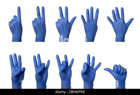 Mano in guanto chirurgico contando uno a dieci in linguaggio dei segni americano isolato su sfondo bianco Foto Stock