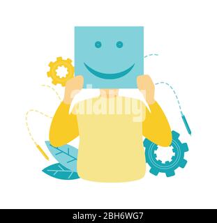 Illustrazione vettoriale piatta, il concetto di un uomo che tiene una carta con un sorriso con un disegno piatto in blu e giallo. Illustrazione Vettoriale