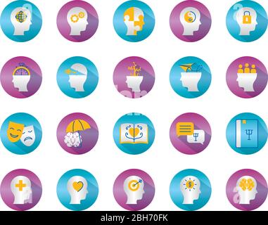 icona di testa e salute mentale su sfondo bianco, stile gradiente blocco, illustrazione vettoriale Illustrazione Vettoriale