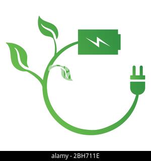 Concetto ecologico con batteria, spina e foglie. Simbolo icona risparmio energia. Logo Recycle. Illustrazione vettoriale per qualsiasi progetto. Illustrazione Vettoriale