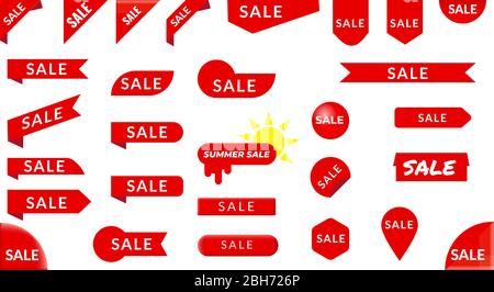Un set di etichette e etichette rosse per la vendita di web e design. Segni di sconto. Illustrazione Vettoriale