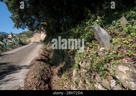 Fita de propietat feta amb basalt del Volcà del Puig d'Adri, Canet d'Adri, Gironès, Catalunya Foto Stock