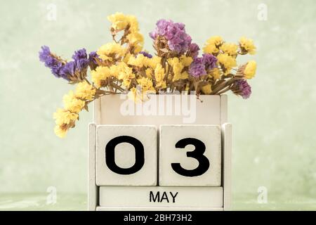 Calendario cubo bianco per maggio decorato con fiori su sfondo verde con spazio copia Foto Stock