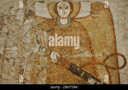 Affresco raffigurante un arcangelo con spada. Dettaglio. Portico dell'ingresso sud. Cattedrale di Faras. xii-xiii secolo. Faras Gallery. Museo Nazionale. Varsavia. Polonia. Foto Stock