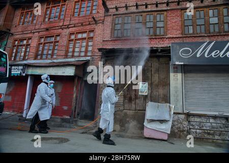 Altre quattro persone hanno provato il risultato positivo per la nuova malattia di Covid-19 nella valle del Kashmir lunedì, portando il numero totale di casi in Jammu e Kashmir a 45. "Altri quattro casi sono stati rilevati positivi in Kashmir. 2 ciascuno da Shopian e Srinagar. Tutti i contatti dei precedenti casi positivi. Contact Tracing Working on Ground", ha detto in un tweet il Principal Secretary, Planning, Development & Monitoring Department, Rohit Kansal. All'inizio della giornata, tre persone hanno provato la malattia positiva nella divisione Jammu. Finora due persone sono morte a causa della nuova malattia. India. Foto Stock