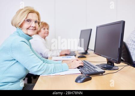 Gli anziani nella casa di pensione siedono sul PC ed imparano come usare il Internet in un corso del calcolatore Foto Stock