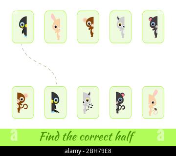 Clip card modello di gioco trovare le metà corrette. Partita di corrispondenza per bambini. Attività educativa per bambini e bambini in età prescolare Illustrazione Vettoriale