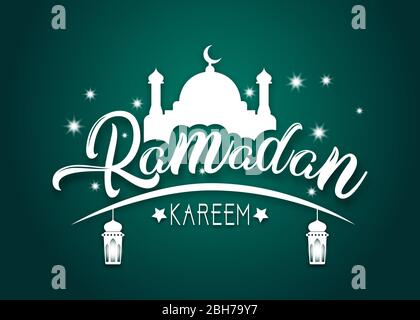 Ramadan Kareem, design islamico, silhouette bianca moschea e due lanterne pendenti, su uno sfondo verde stellato Illustrazione Vettoriale