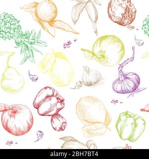 Modello senza cuciture con disegno manuale di frutta e verdura. Illustrazione vettoriale colorata isolata su sfondo bianco. Design decorazione casa. Vint Illustrazione Vettoriale