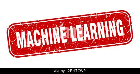 timbro di apprendimento automatico. apprendimento automatico quadrato segno rosso grungo Illustrazione Vettoriale