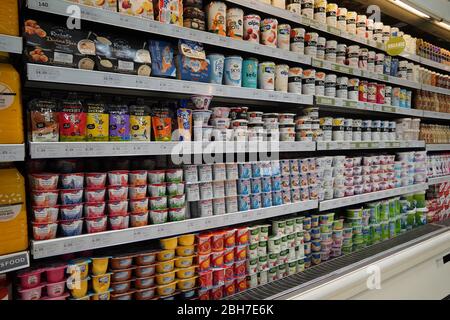 Dubai UAE Dicembre 2019 Varietà di yogurt in scaffale nel negozio. Greco, semplice, aromatizzato, yogurt alla frutta. Vista interna di un enorme frigorifero con vari prodotti alimentari di marca Foto Stock