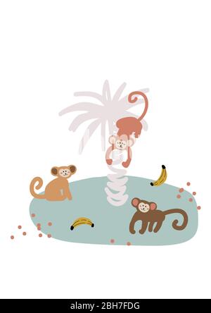 Simpatico fumetto scimmia su isola vettore childish illustrazione. Illustrazione Vettoriale