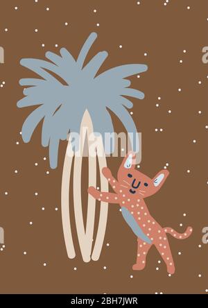 leopardo infantile su albero nursery arte parete poster design. Illustrazione della stampa vettoriale. Illustrazione Vettoriale