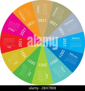 Calendario colorato per il 2021. Design circolare. In formato vettoriale Illustrazione Vettoriale