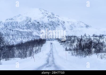 strada ghiacciata e coperta di neve durante una bizzarda nel highland Tundra della Norvegia settentrionale Foto Stock
