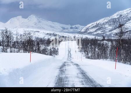 strada ghiacciata e coperta di neve durante una bizzarda nel highland Tundra della Norvegia settentrionale Foto Stock