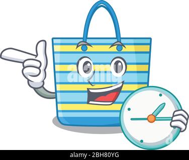 Beach bag mascot design concept sorridente con orologio Illustrazione Vettoriale