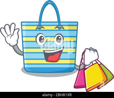 Ricco e famoso Beach bag personaggio cartoon tenendo borse per lo shopping Illustrazione Vettoriale