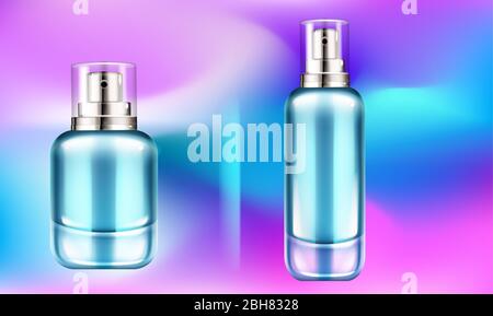 simbiatevi sull'illustrazione di diversi tipi di bottiglia di profumo su sfondo colorato Illustrazione Vettoriale