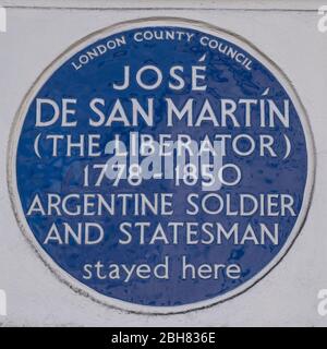 Targa blu su una casa a Marylebone, Londra a Jose De San Martin, il Liberatore, 1778-1850, argentino soldato e statista Foto Stock