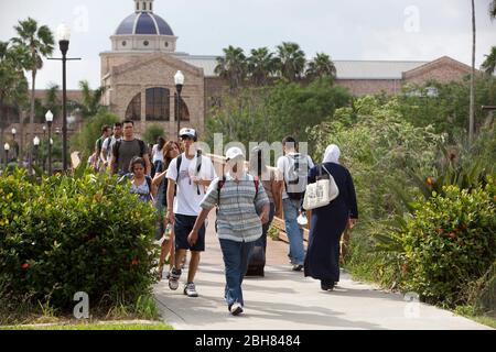 Brownsville, Texas USA, 8 ottobre 2009: Studenti universitari prevalentemente ispanici che camminano per le classi con le scuole di istruzione e affari in background presso il campus dell'Università del Texas-Brownsville/Texas Southmost College. ©Bob Daemmrich Foto Stock